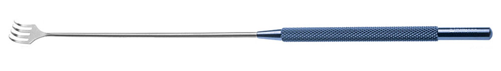 soft tissue hook – four sharp prongs, round handle, titanium handle / stainless steel shaft, 8" (20 cm) soft tissue hook – four sharp prongs, round handle, titanium handle / stainless steel shaft, 8" (20 cm)